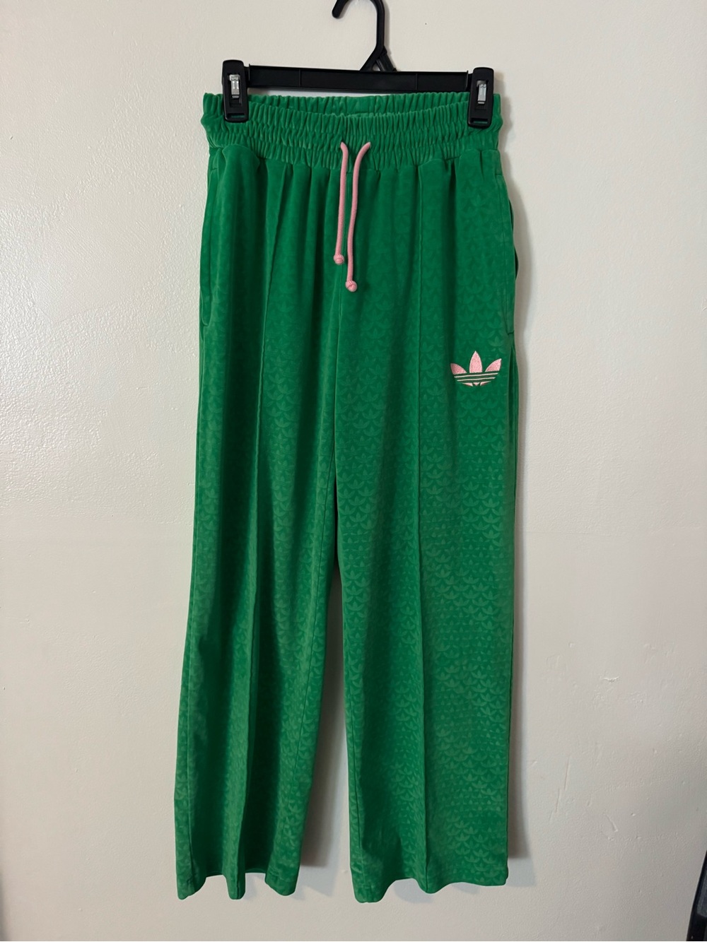 adidas Green Wide-Leg Track Pants with Pink Drawstring Small - Picture 3 of 9
